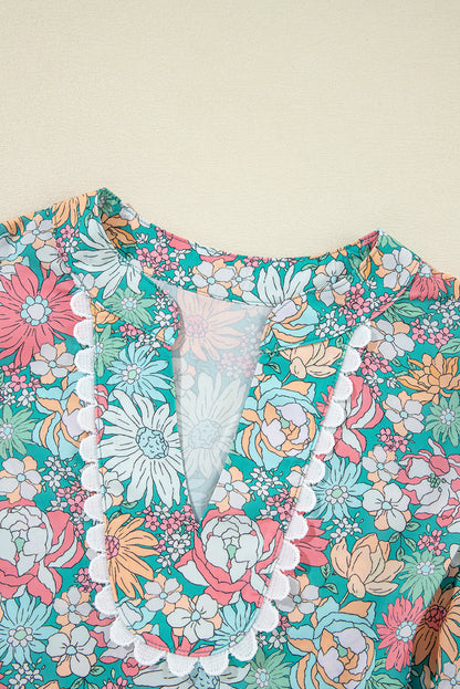 Multicolor Floral Print Short Puff Sleeve V Neck Boho Peplum Blouse