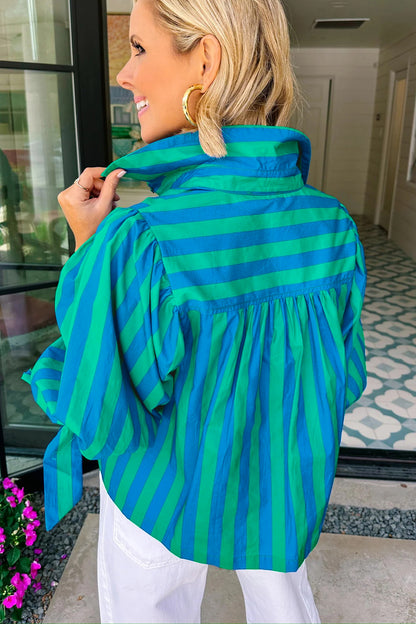 Stripe Tie Puff Sleeve Womens Button Down Shirt