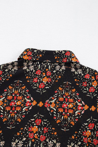 Strawberry Pink Floral Print Collared Button Up Puff Sleeve Shirt