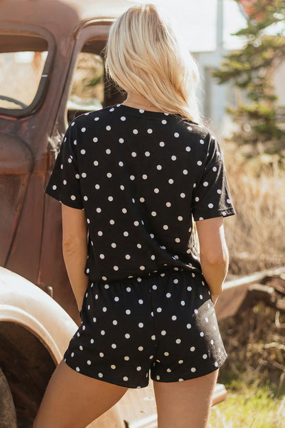 Polka Dot Short Sleeve Loose Top Drawstring Shorts Set