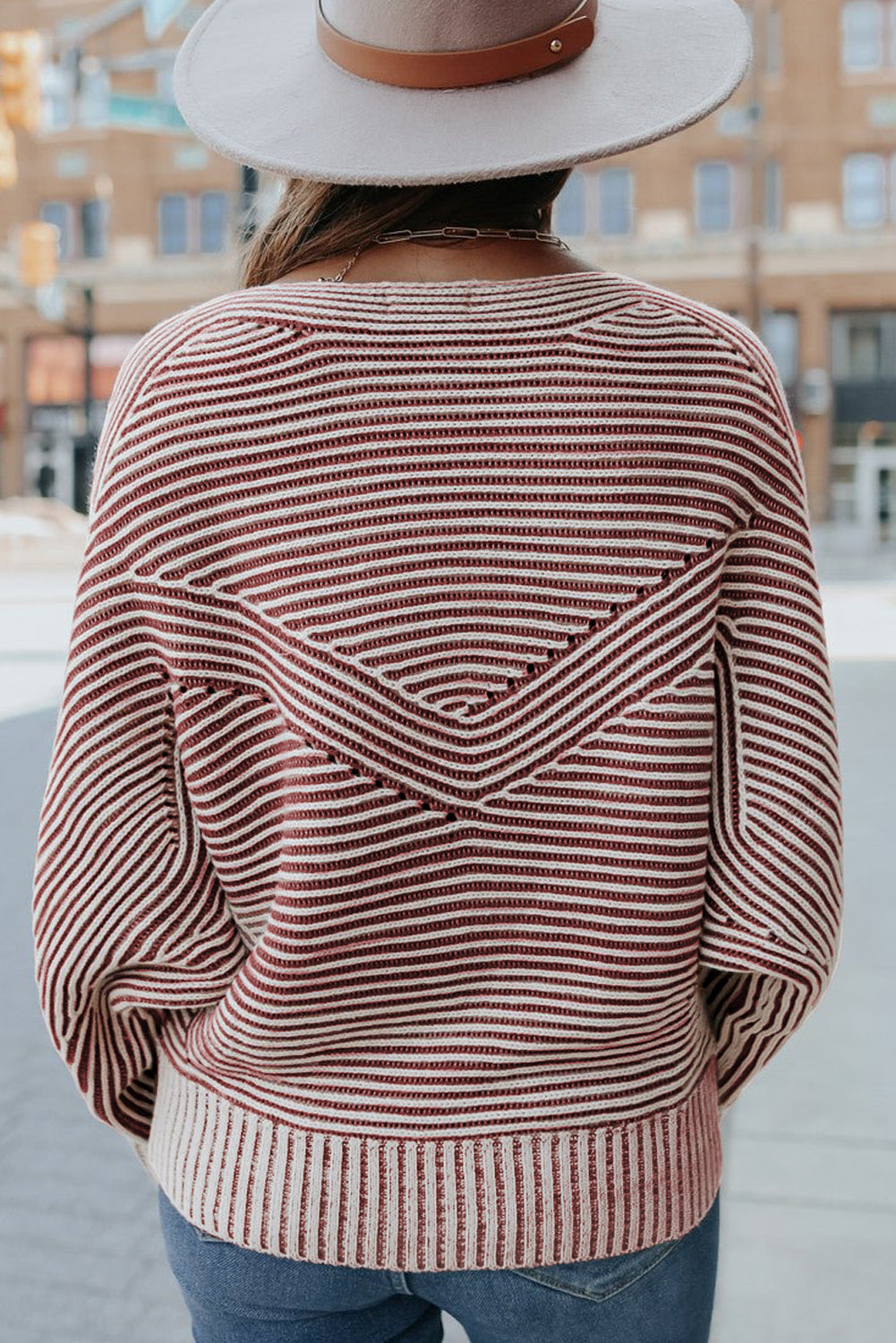 Striped Print Ribbed Knit Raglan Sleeve Baggy Sweater