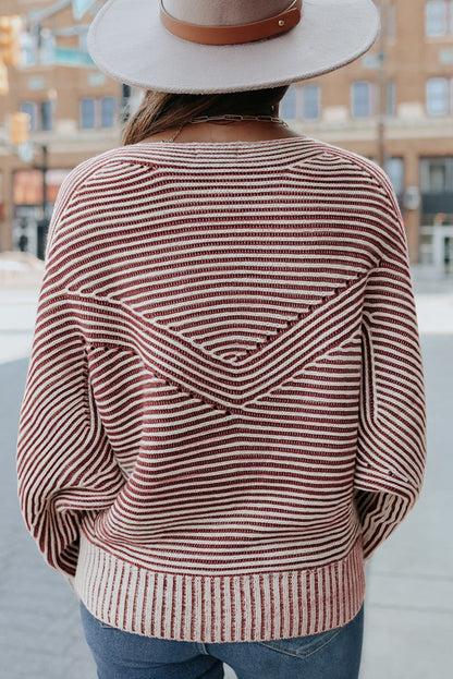 Striped Print Ribbed Knit Raglan Sleeve Baggy Sweater
