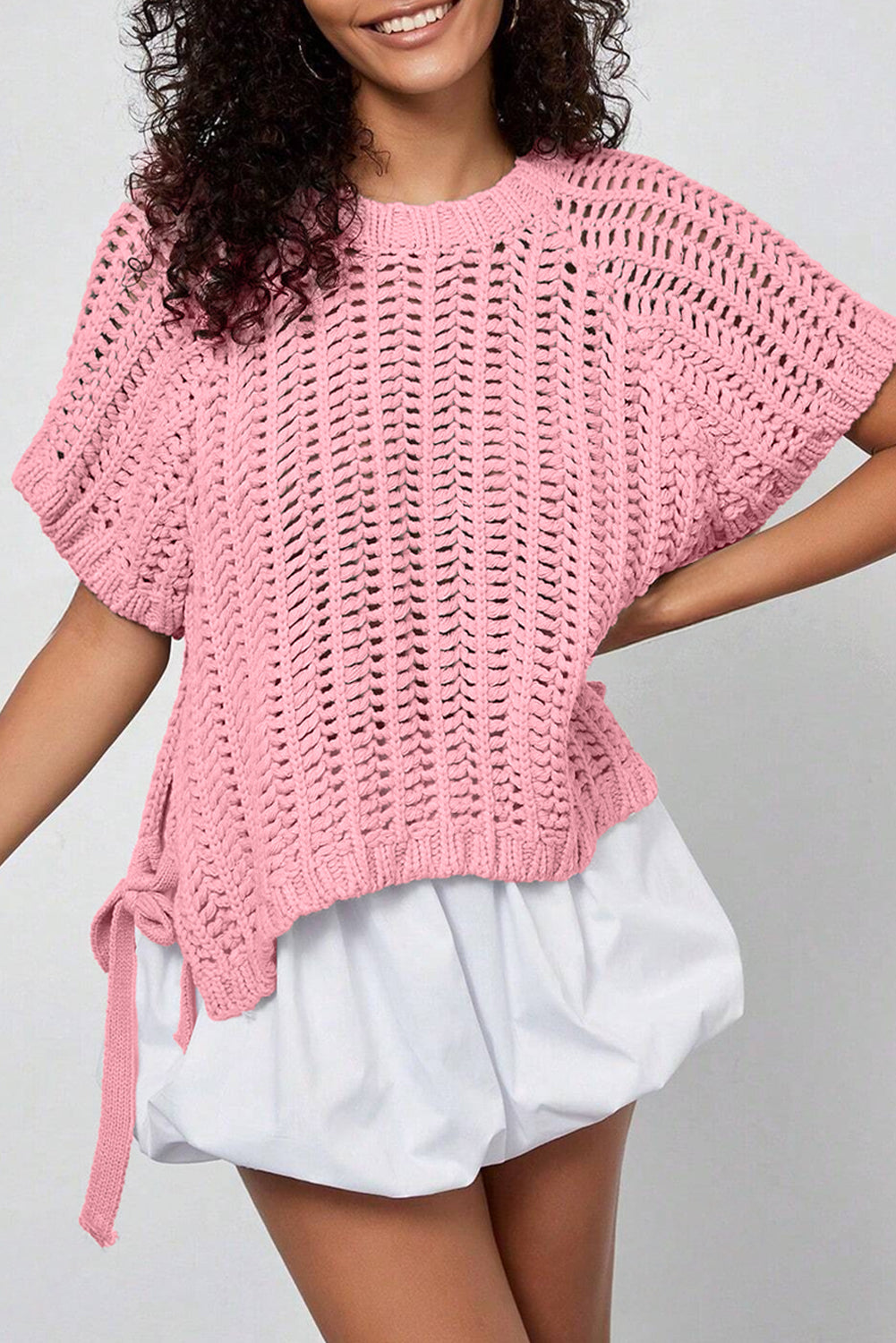Open Knit Bow Tie Short Sleeve Sweater