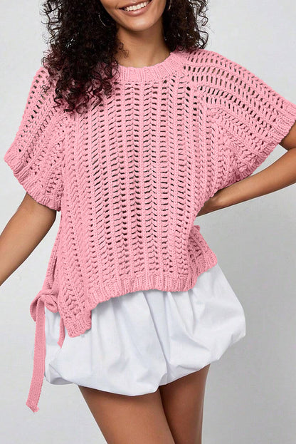 Open Knit Bow Tie Short Sleeve Sweater