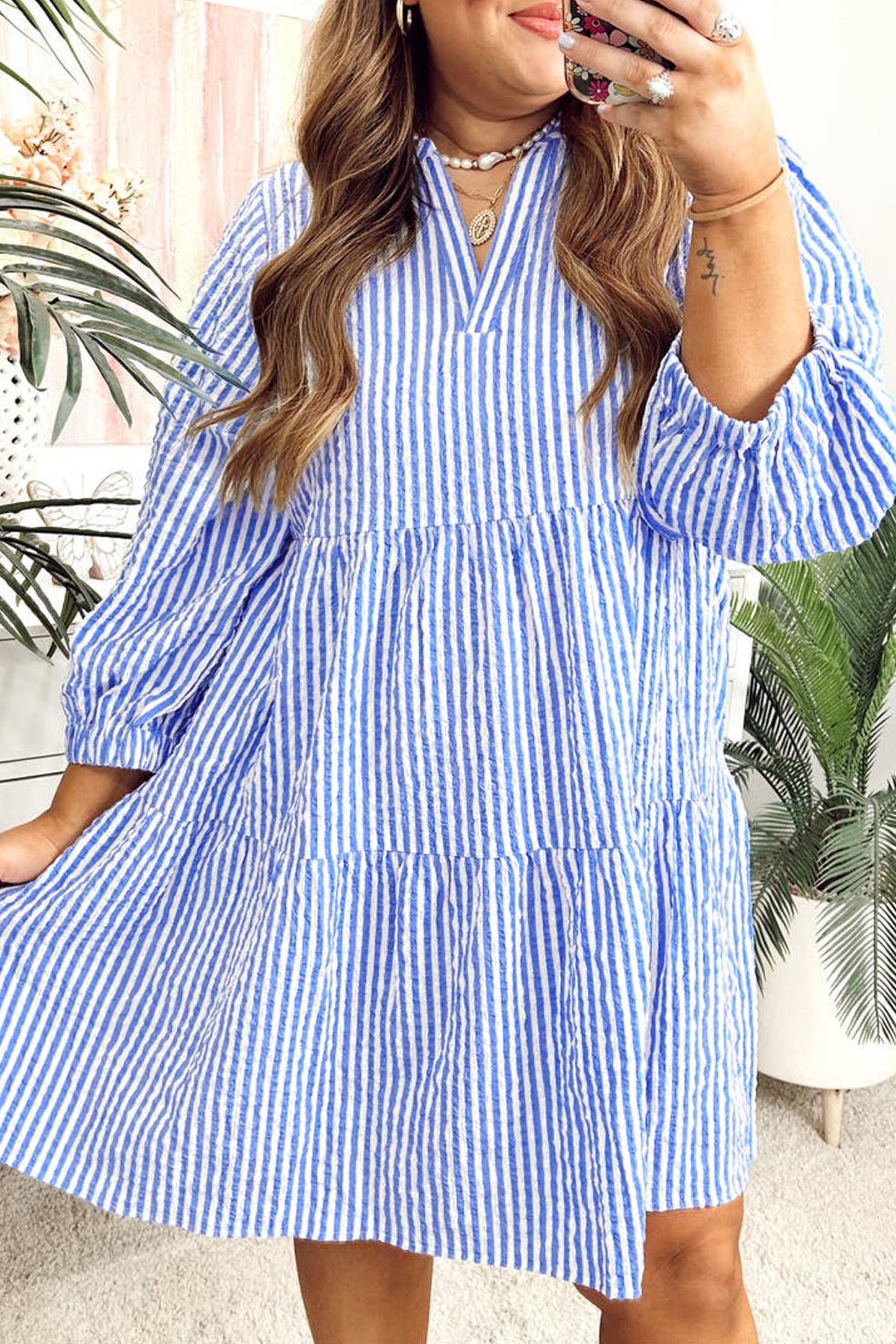 Sky Blue Stripe Seersucker Textured Notched Neck Long Puff Sleeve Tiered Curvy Dress
