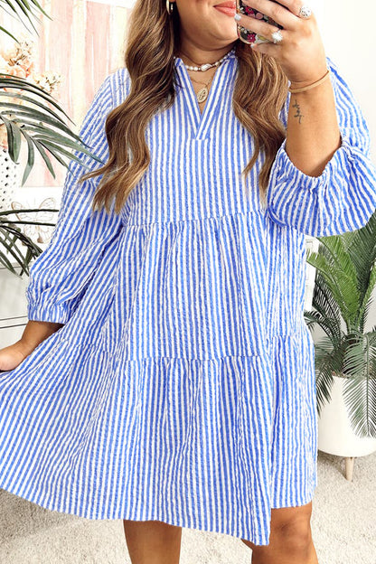 Sky Blue Stripe Seersucker Textured Notched Neck Long Puff Sleeve Tiered Curvy Dress