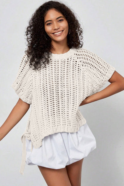 Open Knit Bow Tie Short Sleeve Sweater