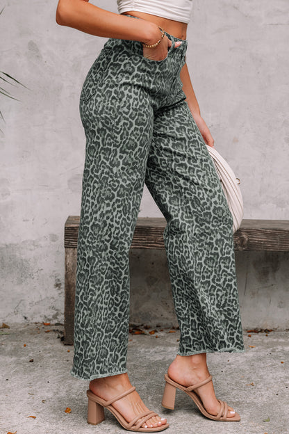Leopard Frayed Edge Wide Leg High Waist Jeans