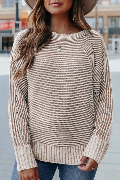 Striped Print Ribbed Knit Raglan Sleeve Baggy Sweater