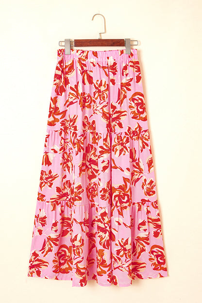 Bohemian Floral Print Tiered Maxi Skirt with Split