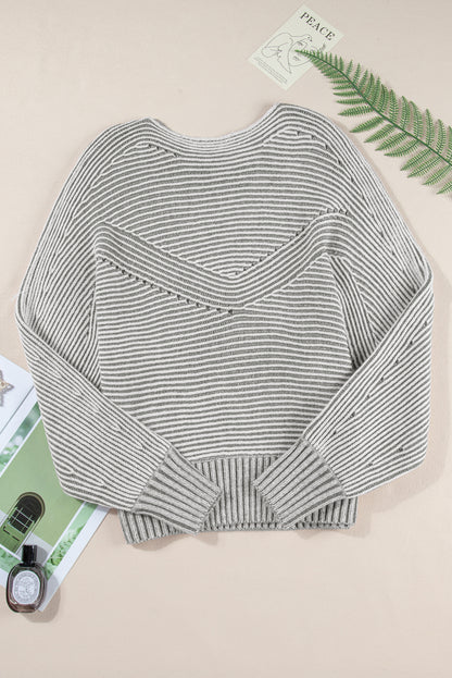 Striped Print Ribbed Knit Raglan Sleeve Baggy Sweater