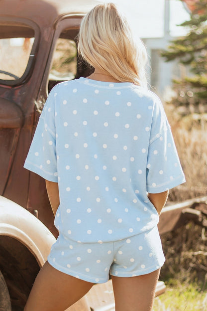 Polka Dot Short Sleeve Loose Top Drawstring Shorts Set