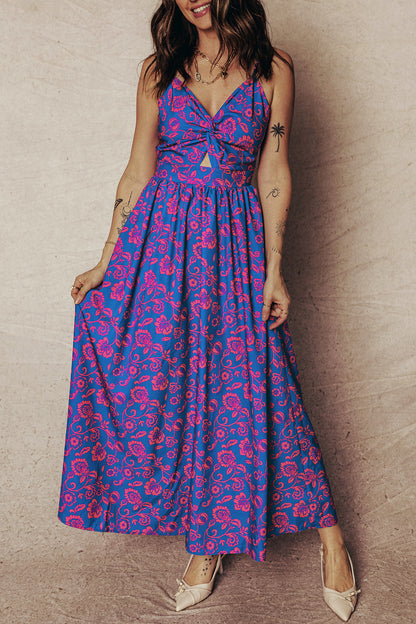Floral Print Twisted V Neck Tied Backless Maxi Dress