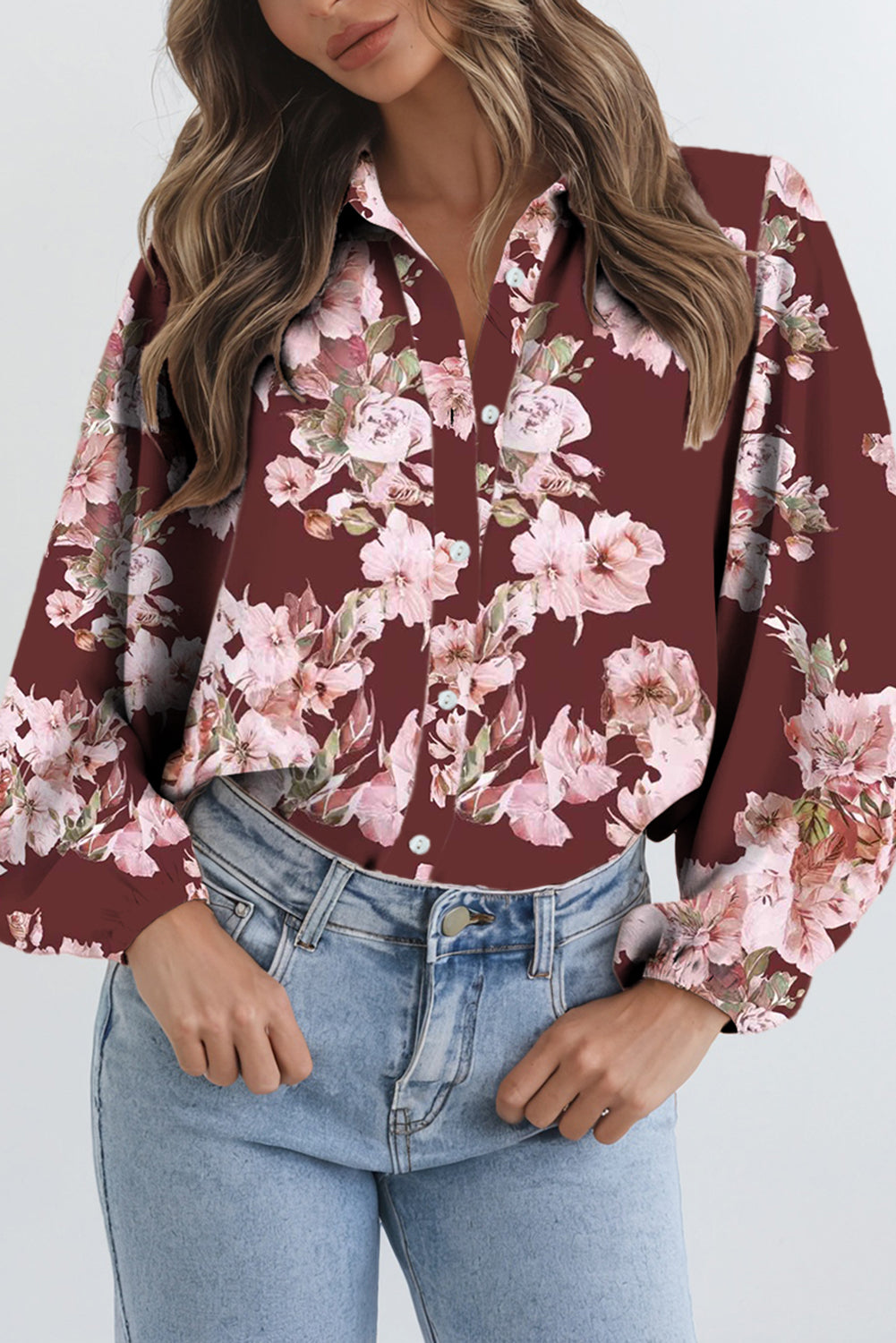Orange Floral Puff Sleeve Lightweight Shirt