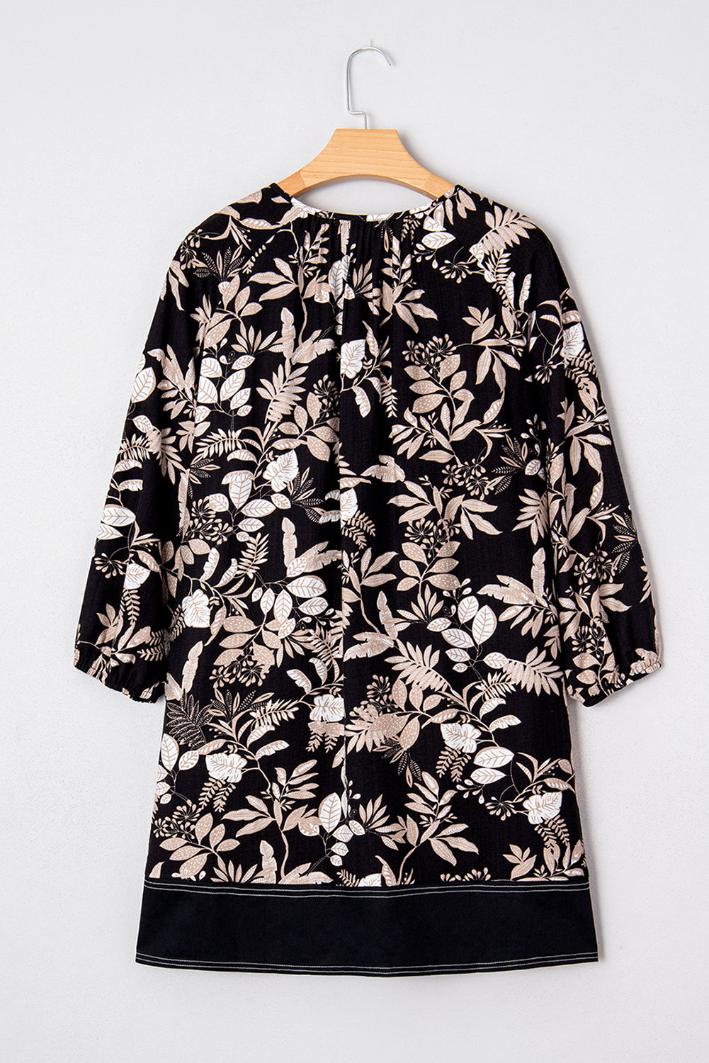 Black 3/4 Sleeve Botanical Print Split Neck Loose Mini Dress
