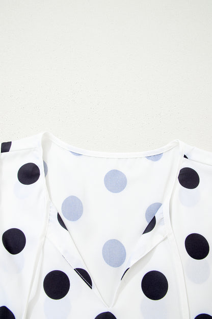 White Polka Dot Print Flutter Sleeve Striped Patchwork Babydoll Blouse
