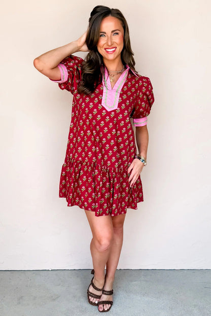 Red Floral Print Contrasted V Neck Short Bubble Sleeve Mini Dress