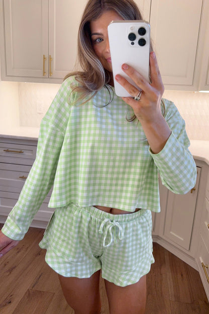 Gingham Long Sleeve Loose Top Drawstring Shorts 2pcs Lounge Set