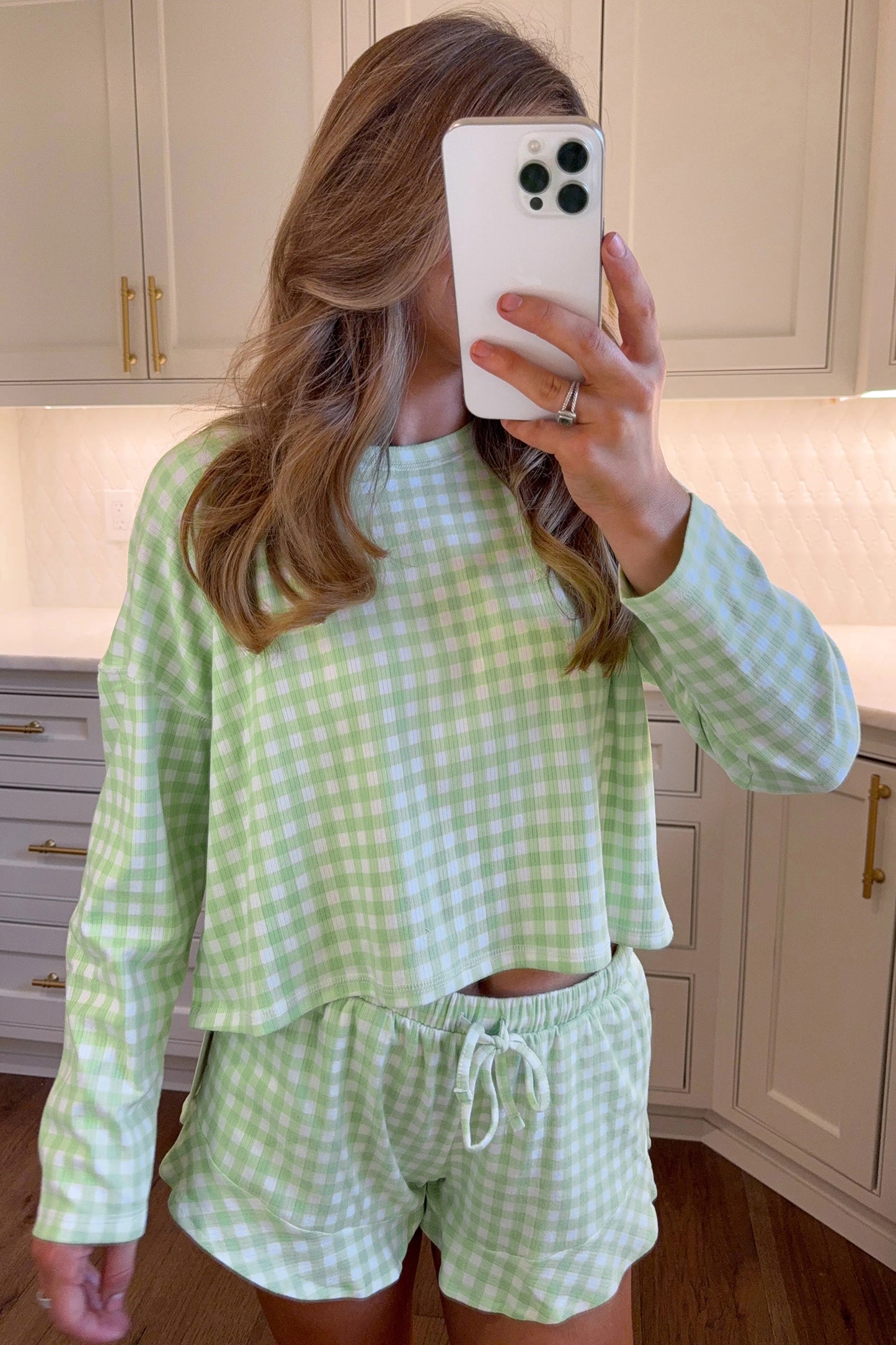 Gingham Long Sleeve Loose Top Drawstring Shorts 2pcs Lounge Set