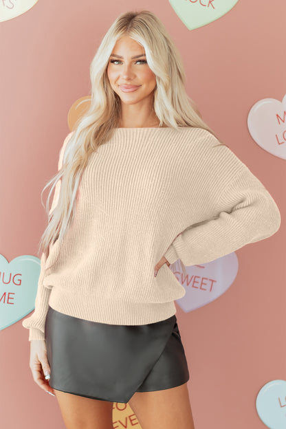 Ribbed Knit Ribbon Knot Backless Drop Shoulder Sweater