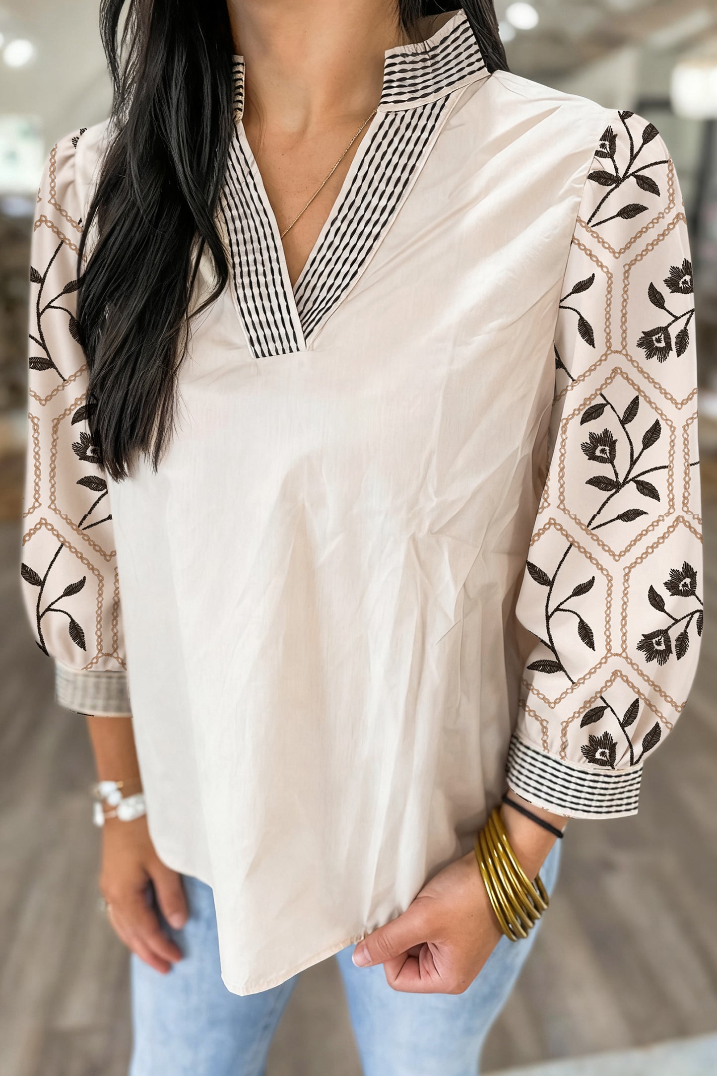 Floral Puff Sleeve Contrast V Neck Patchwork Blouse