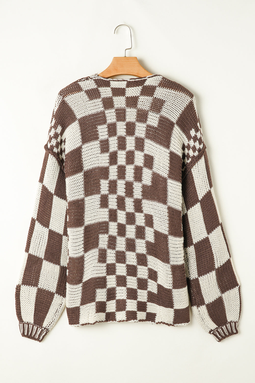 Rose Red Colorblock Checked Open Front Knitted Cardigan