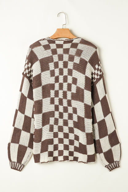Rose Red Colorblock Checked Open Front Knitted Cardigan