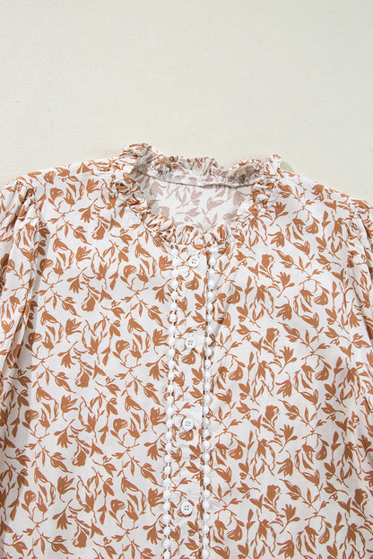 Khaki Printed Floral Print Lace Detail Puff Sleeve Shirt