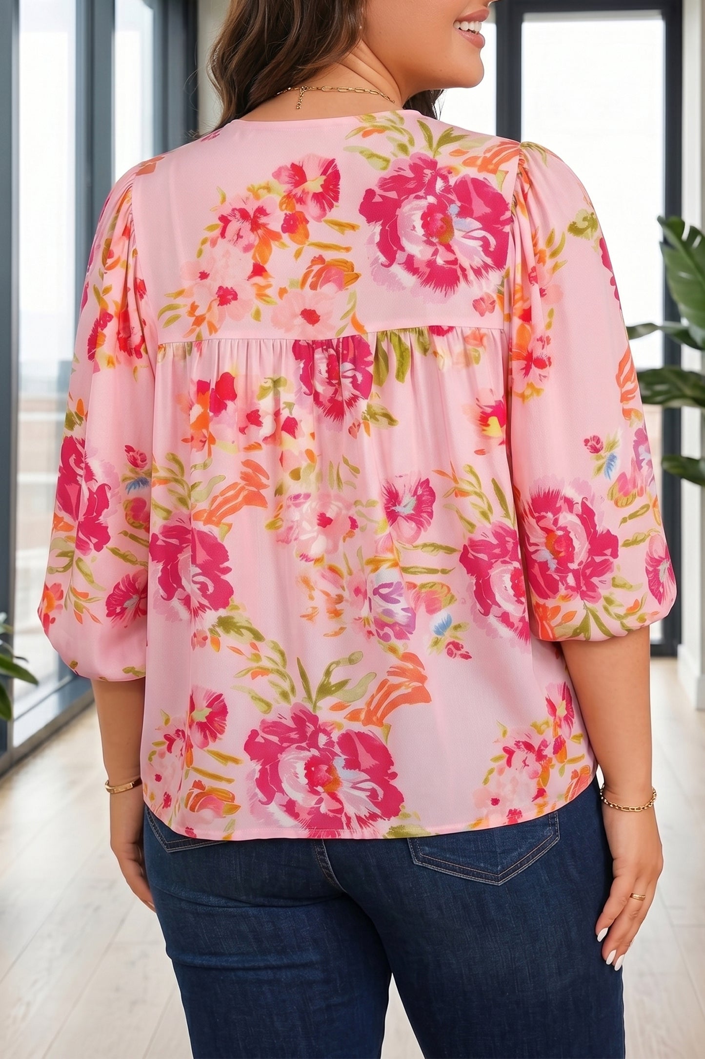 Plus Size Floral Print V Neck Tie Front Short Sleeve Tunic Top