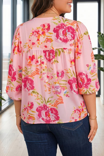 Plus Size Floral Print V Neck Tie Front Short Sleeve Tunic Top