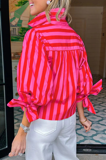 Stripe Tie Puff Sleeve Womens Button Down Shirt