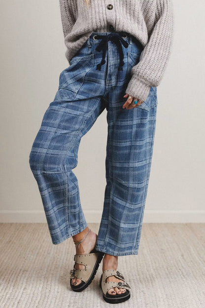 Sky Blue Plaid Denim Grommet Drawstring Waist Ankle-Length Jeans