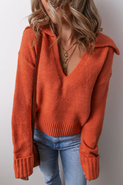 Flamingo Ribbed Edge Collared V Neck Loose Fit Sweater