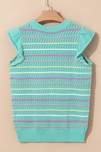 Green Colorful Striped Eyelet Knit Ruffle Top