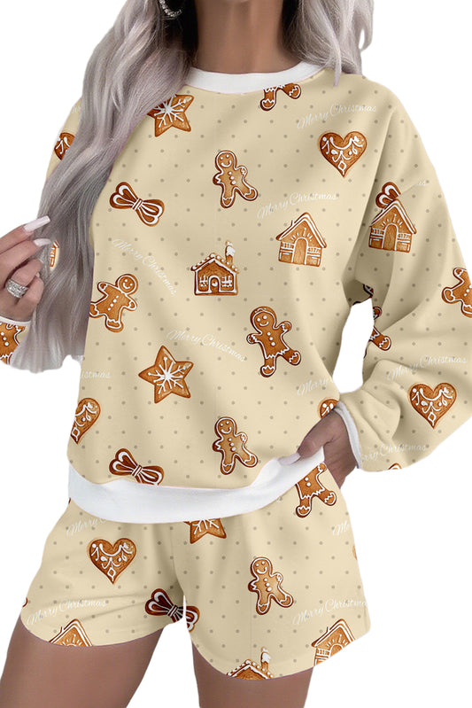 Beige Christmas Gingerbread Print Long Sleeve Pullover Shorts Holiday Pajama Set