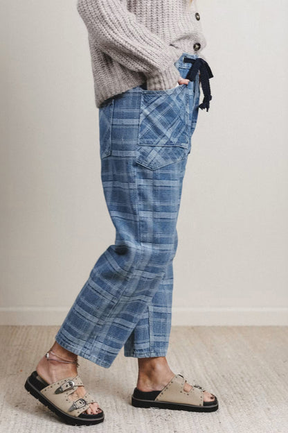 Sky Blue Plaid Denim Grommet Drawstring Waist Ankle-Length Jeans