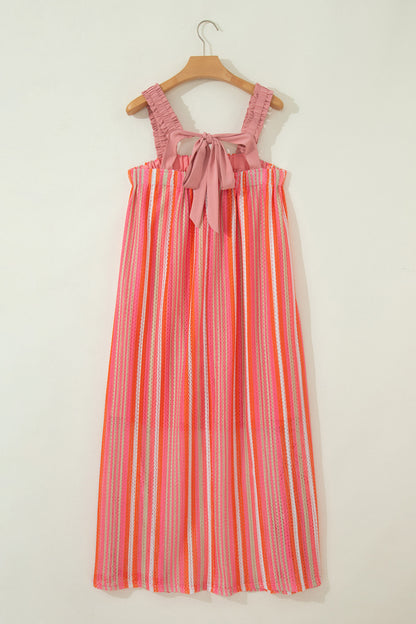 Pink Stripe Ruffled Straps Ribbon Knot Flowy Vacation Maxi Dress