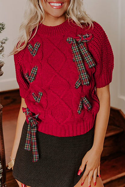 Plaid Lace-up Detail Christmas Holiday Puff Short Sleeve Sweater