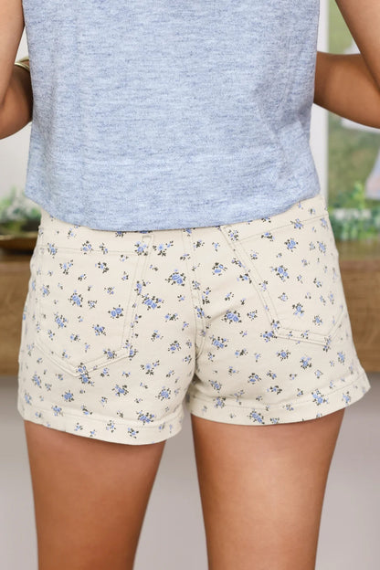 White Floral Casual Cute Denim Shorts