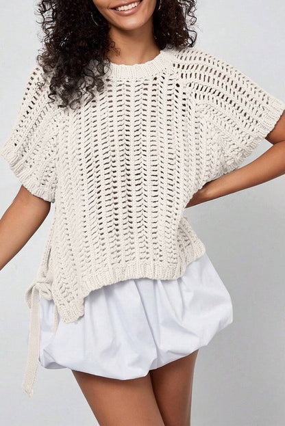 Open Knit Bow Tie Short Sleeve Sweater