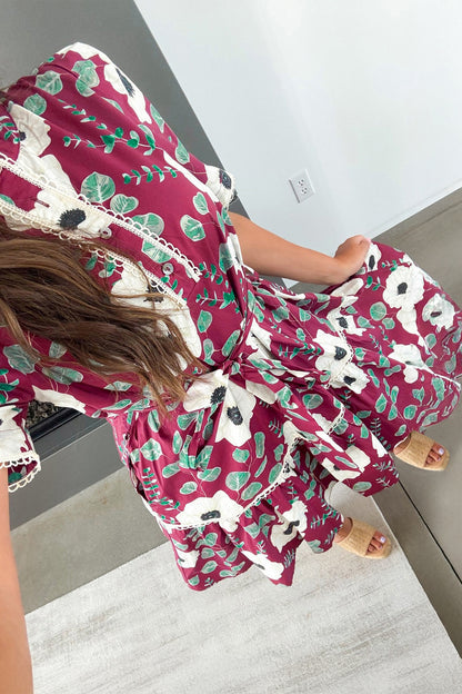 Floral Print Trimmed Short Puff Sleeve Mini Dress with Belt