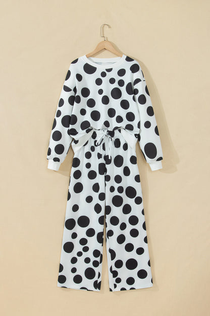 Polka Dot Long Sleeve Top Drawstring Relaxed Pants Set