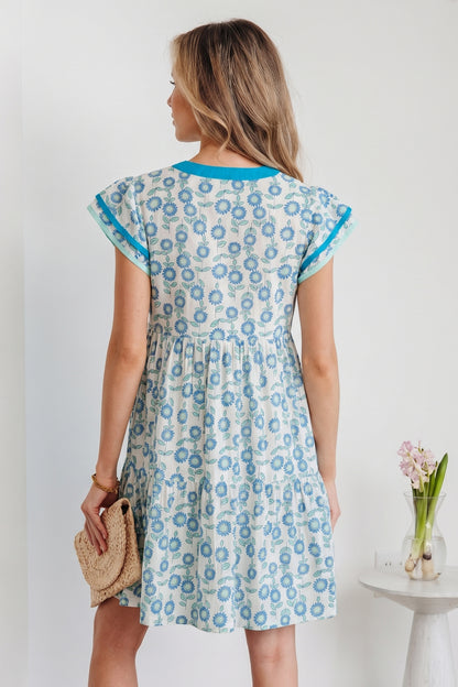 Floral Print Contrast Trim Flutter Sleeve Mini Dress