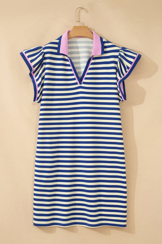 Dark Blue Striped Shift Dress Colorblock V Neck Short Sleeve Casual Summer