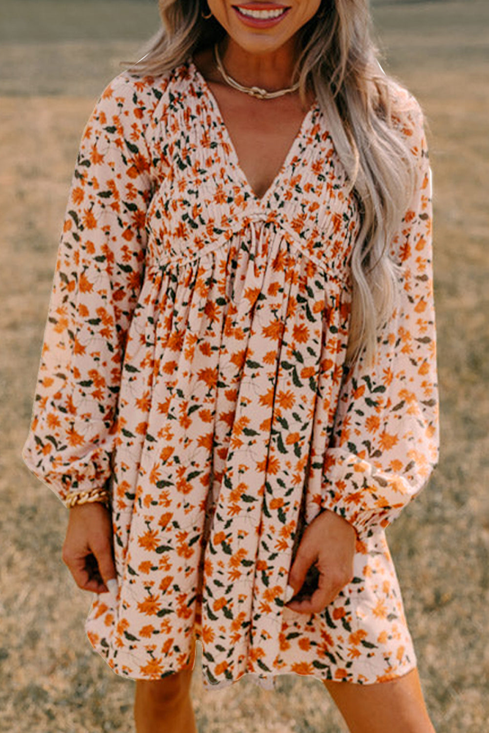 Floral Smocked V Neck Bubble Sleeve Babydoll Dress