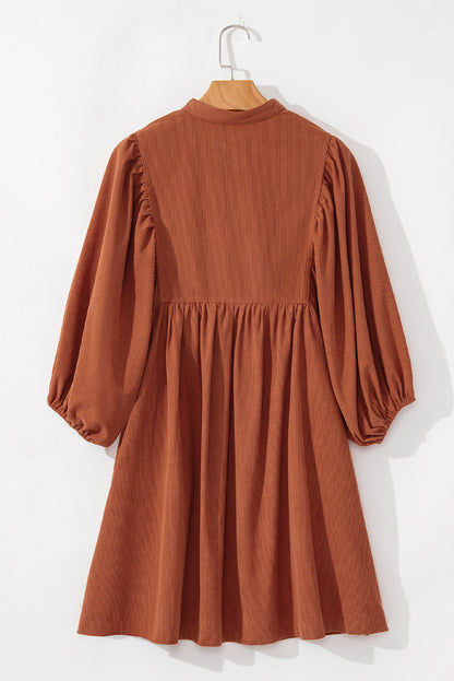 Light Snap Button Empire Waist Lantern Sleeve Corduroy Dress