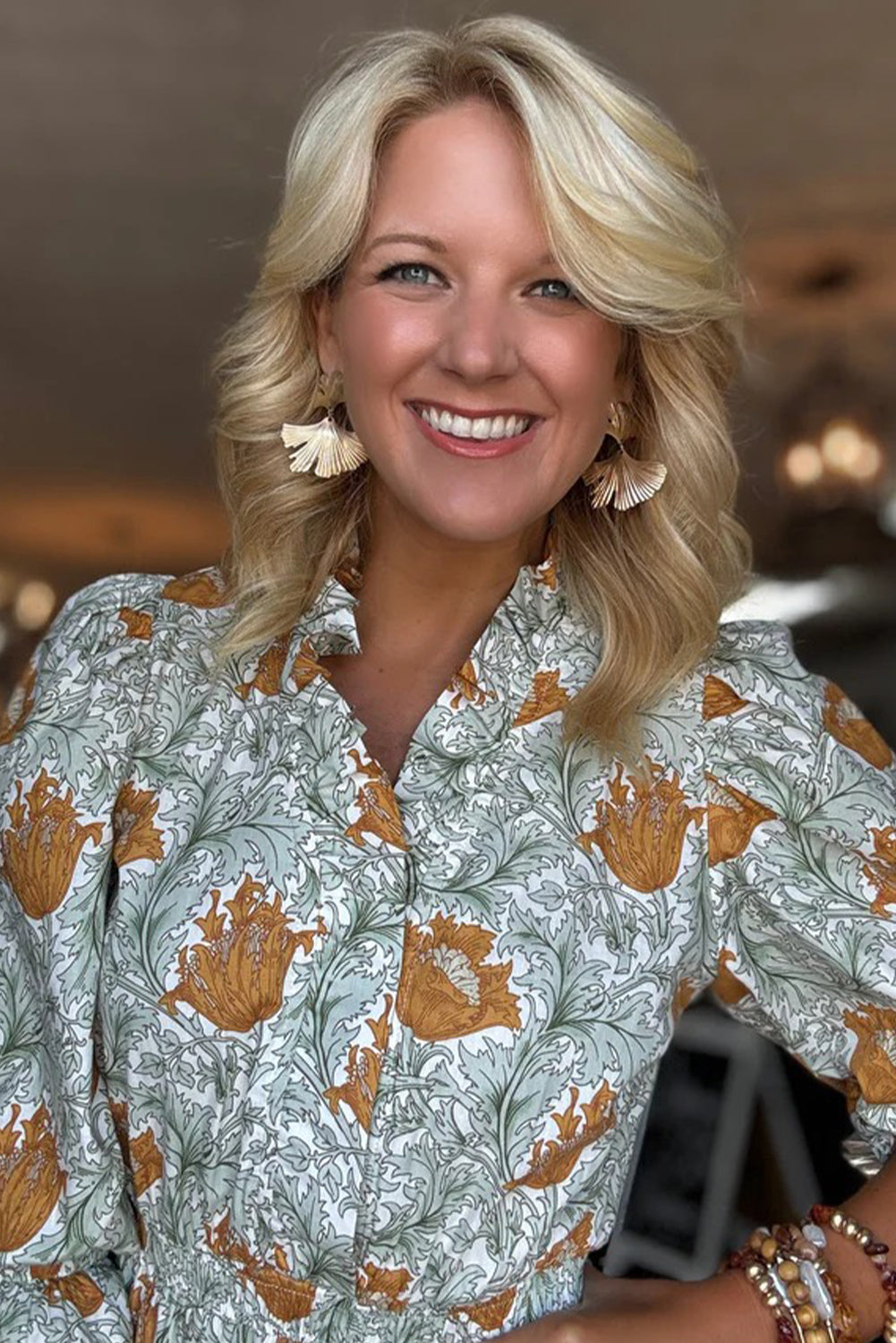 Floral Printed Frilled V Neck Bracelet Sleeve Long Dress