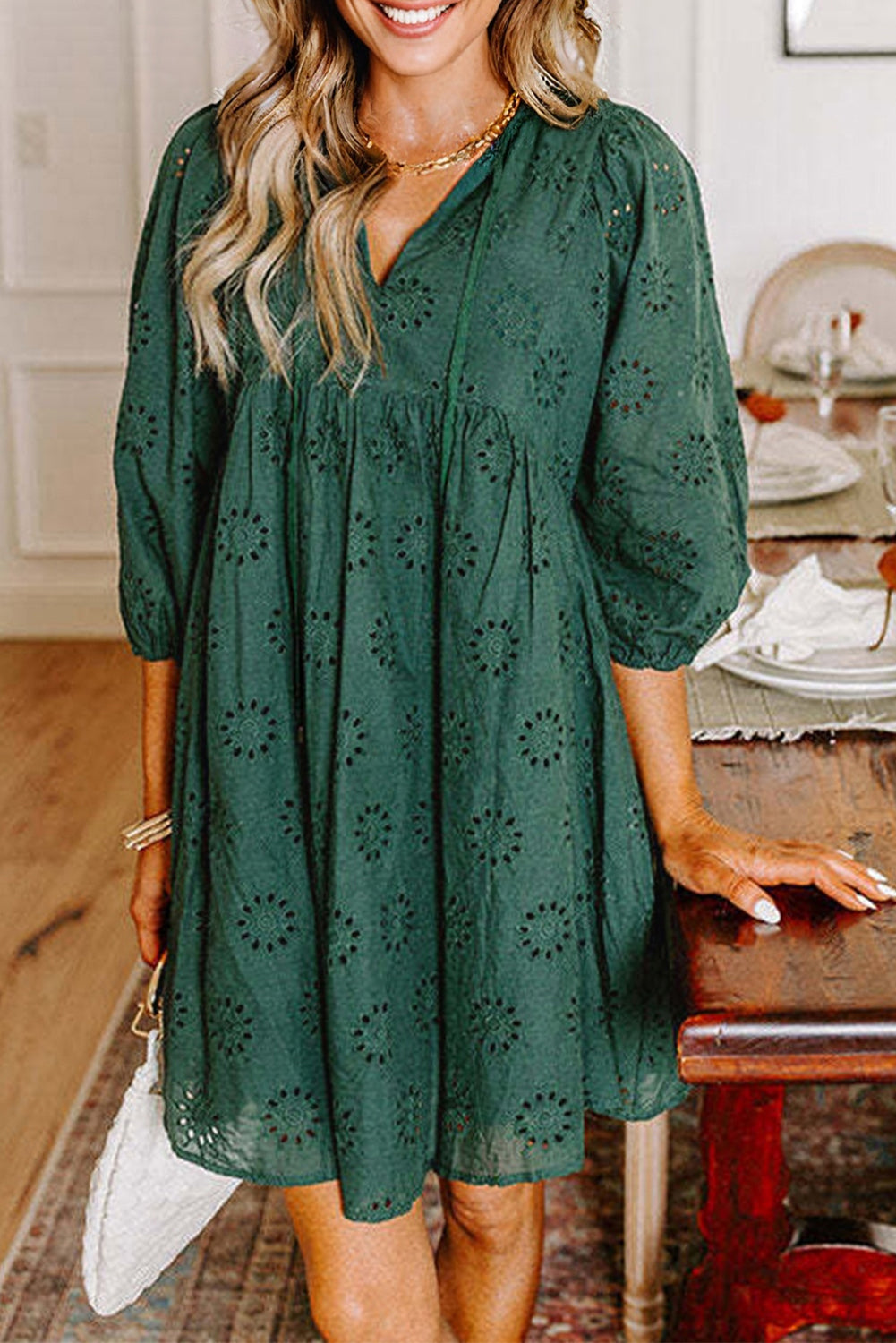 Green Embroidered Eyelet Pattern Puff Sleeve Mini Dress