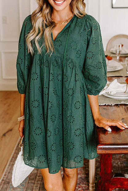 Green Embroidered Eyelet Pattern Puff Sleeve Mini Dress