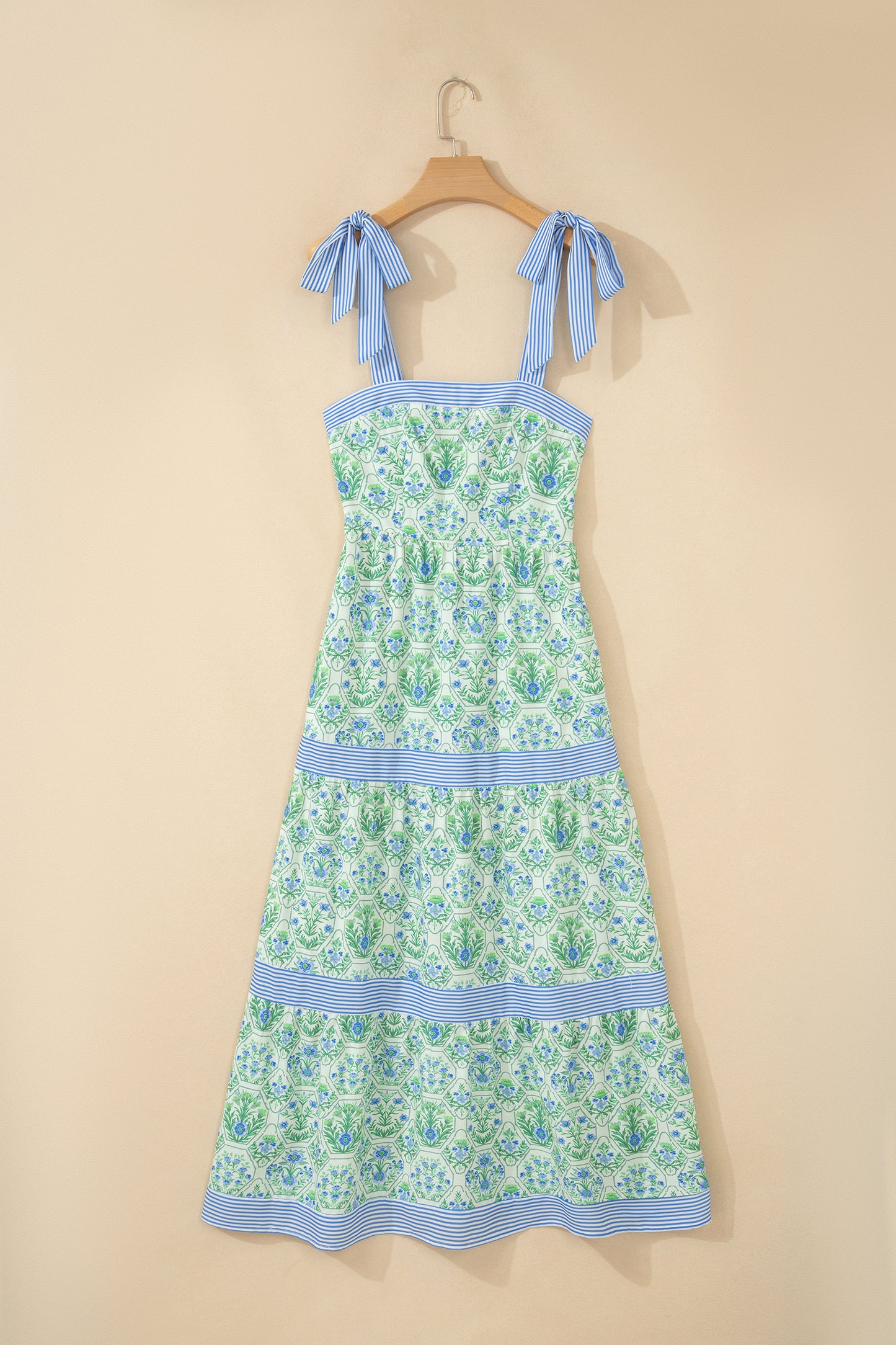 Geometric Floral Print Striped Patchwork Detail Sleeveless Dress
